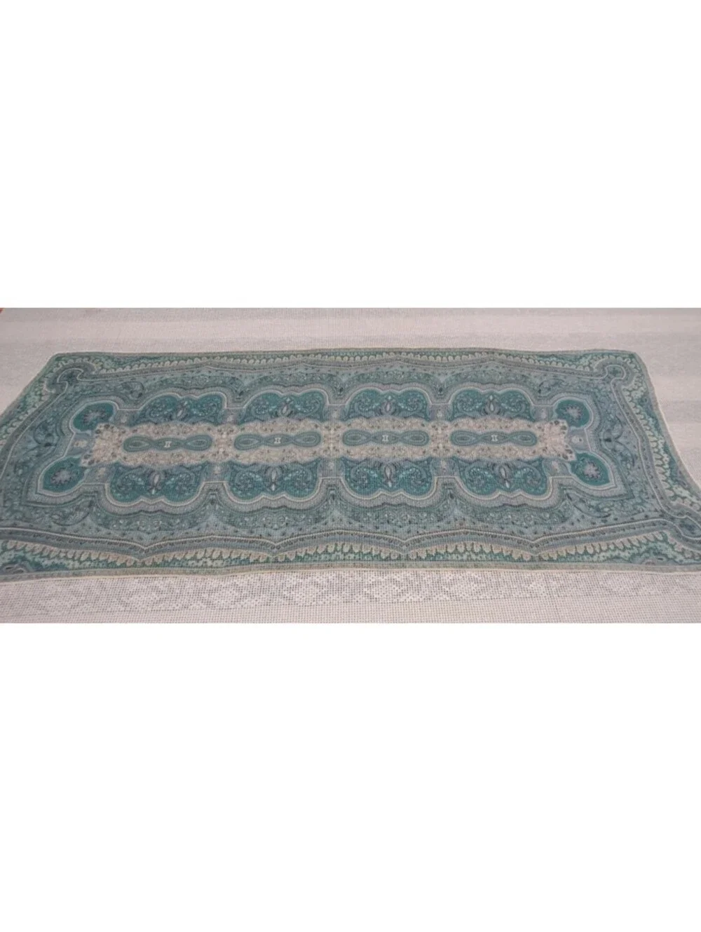 Vintage 50s 60s Silk Chiffon Scarf  Big Indian Paisley Teal Green Wide Oblong